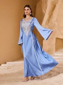 Layrah 女士优雅串珠腰带修身阿拉伯风格连衣裙 - 藍色 - 查看 6