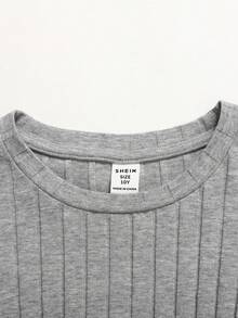 SHEIN 女童休闲基础款纯色罗纹圆领短袖修身露脐T恤和直筒裤套装（2件套），浅灰色 - 淺灰色 - 查看 6