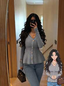 Elenzga Áo len cardigan giả thanh lịch, tinh tế, màu xanh đậm, tay dài, thu/đông - Xám - Xem 1