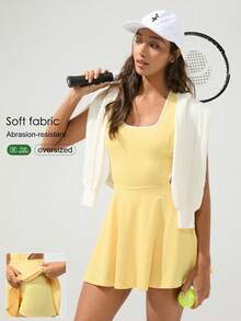 Menodora SHEIN Sport Váy thể thao hở eo không tay cho nữ có cổ bo - Màu vàng ngỗng - Xem 1