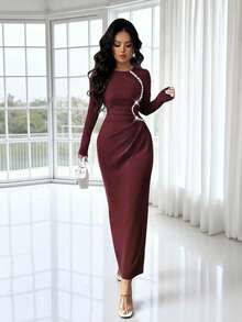 Rafferiza Women's Round-Neck Pink Pleated Design Diamond Chain Decorated Dress, Tight Elastic Waist-Cinching Elegant Dress,Fashionable And Elegant, It Is Suitable For Daily Wear, Weddings, Banquets, Daily Commutes, Graduation Parties, Festival Events, Vacations, Dates, Parties, Halloween, Christmas, New Year And Thanksgiving - Burgundy - View 5