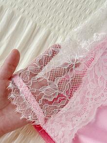 SHEIN 女士性感甜美可爱浪漫复古法式缎面撞色蕾丝露脐上衣+丁字裤+迷你裙+腰带+腿环六件套 - 粉色 - 查看 7