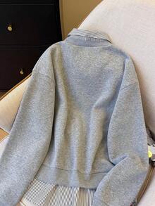 SHEIN 大码女式休闲、工作、通勤樱桃字母印花撞色条纹宽松套头卫衣，春秋季 - 灰色 - 查看 4