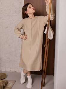 DAZY Tween Girl Loose Raglan Sleeve Sweater Dress - Khaki - View 7