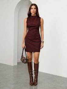 SHEIN Tall Women's PU Leather Ruched Stand Collar Sleeveless Solid Casual Mini Dress, Fashionable For Daily Wear Women's Casual Fashion 90s Outfit Street Shooting Solid Color Pleated Collar PU Dress,Suitable For Party, Office, Outdoor, Liner Or Stand-Alone, Cocktail Dress Suitable For Going Out And Parties Christmas Dress Sleeveless Dress Maroon Dress Fall Dress Autumn Dress Textured Dress Dresses For Women Dress For Women - Burgundy - View 1