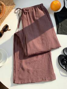 SHEIN EZwear Celana Panjang Wanita Kasual Warna Polos dengan Tali Serut dan Potongan Lebar - Coklat - View 3