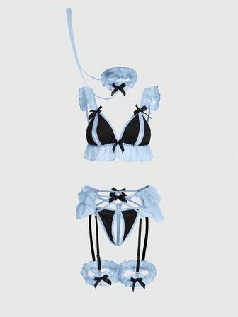 Kawaii 6 pièces Ensemble de lingerie sexy avec découpes ajourées et volants colorés