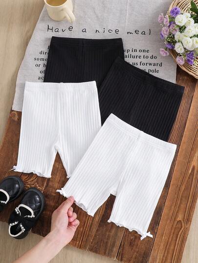 SHEIN 4件套女童纯色修身休闲打底裤，黑色短裤，黑白短裤，黑色罗纹短裤，儿童黑色短裤，黑色骑行短裤，适合学校、校园、大学穿着