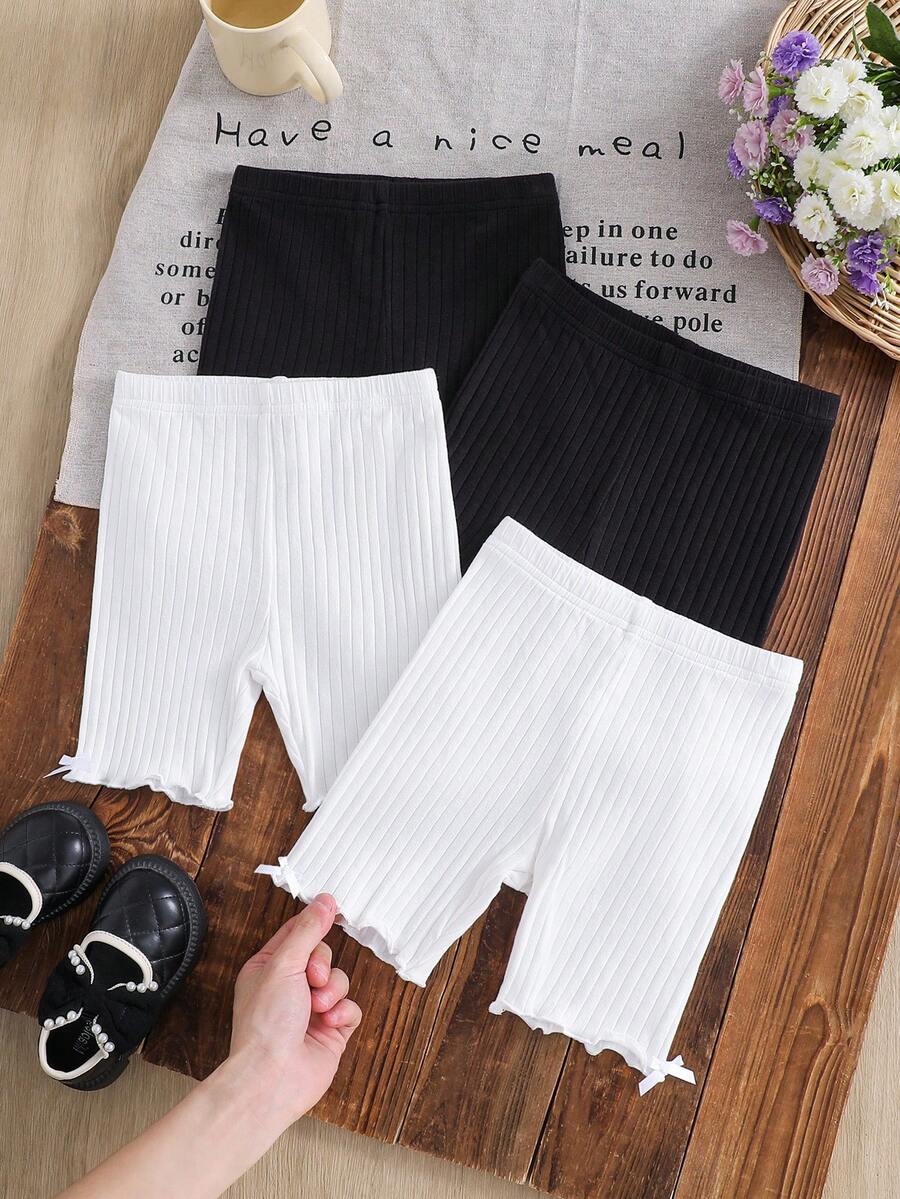 SHEIN 4件套女童纯色修身休闲打底裤，黑色短裤，黑白短裤，黑色罗纹短裤，儿童黑色短裤，黑色骑行短裤，适合学校、校园、大学穿着 - 黑與白 - 查看 1