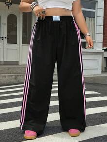 Muchica 大码女式字母刺绣侧条纹阔腿休闲裤 - 黑色 - 查看 6