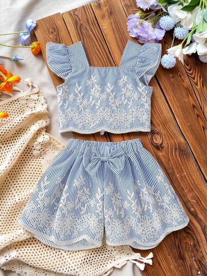 SHEIN Summer New Stylish Young Girl 2 Pieces Set: Embroidered Striped Flutter Sleeve Crop Top + Loose Wide Leg Shorts, Suitable For Daily Wear And Vacation