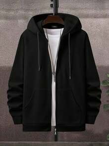 EURMUSE 大码棉质男士基本款口袋贴片拉链连帽衫 - 黑色 - 查看 1