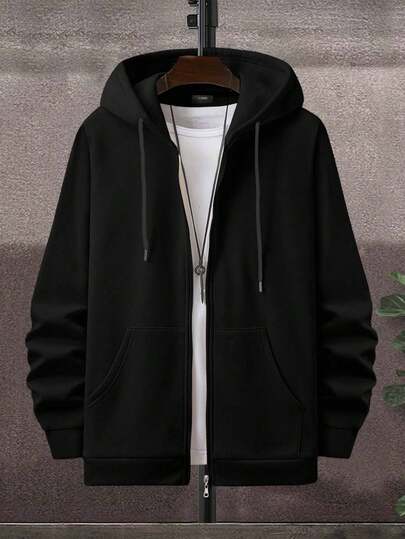 EURMUSE Plus Size Cotton Men's Basic Pocket Patch Zipper Hoodie