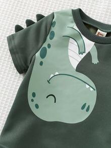 Cozy Pixies Conjunto de 2 piezas de top de manga corta de cuello redondo suave con estampado de dinosaurio de dibujos animados y pantalones de cintura elástica para bebé niño - Verde - Ver 4