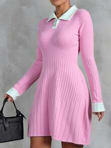 SHEIN Ribbed Knit Contrast Collar Sweater Dress With Pearl Button Front And Flared Hem For Sweet Preppy Look - White - View 3