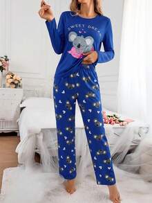 可爱考拉印花女士睡衣套装，长袖上衣和长裤，秋季款 - 藍色 - 查看 6