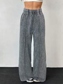 SHEIN EZwear Autumn/Winter Casual Distressed Washed Grey High Waist Wide Leg Sweatpants Sweat Pants For Woman Grey Sweatpants Women Grey Pants - Grey - View 1