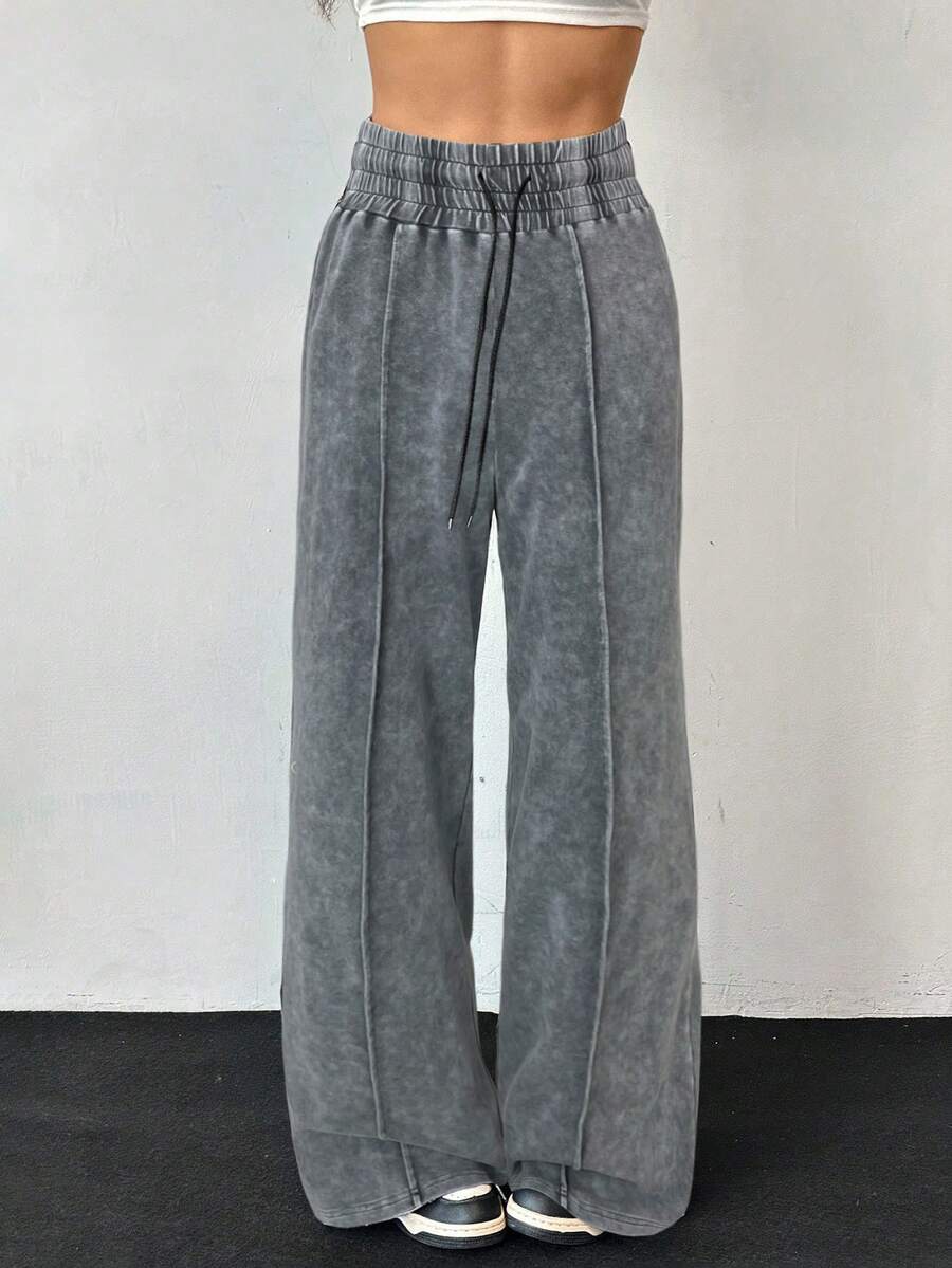 SHEIN EZwear Autumn/Winter Casual Distressed Washed Grey High Waist Wide Leg Sweatpants Sweat Pants For Woman Grey Sweatpants Women Grey Pants - Grey - View 1