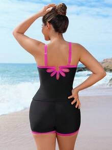 Swim SPRTY Plus Size American Style Sports Swimsuit, Racerback Sports Swimsuit Set, Black & White Contrast Color Swimsuit Set, Slimming Backless Vacation Swimsuit Set, Plus Size Racerback Bikini Tummy Control Swimsuit Black Pink Swimsuit Plus Size Swimsuit Tankini - Black and White - View 1