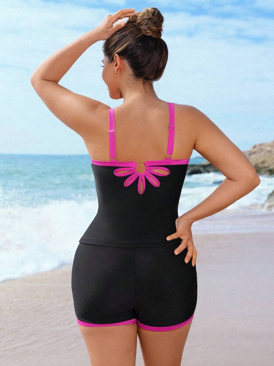 Swim SPRTY Plus Size American Style Sports Swimsuit, Racerback Sports Swimsuit Set, Black & White Contrast Color Swimsuit Set, Slimming Backless Vacation Swimsuit Set, Plus Size Racerback Bikini Tummy Control Swimsuit Black Pink Swimsuit Plus Size Swimsuit Tankini - Black and White - View 1