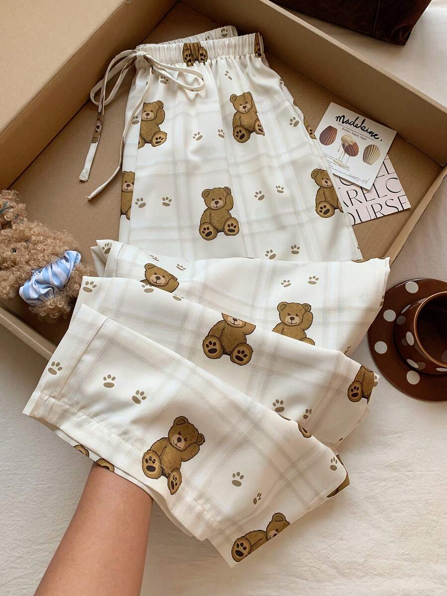 SHEIN EZwear 女士格子卡通熊印花抽绳腰阔腿休闲裤 - 杏色 - 查看 1