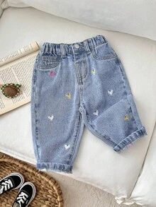 SHEIN LMoss Kids 女婴彩色爱心刺绣宽松喇叭牛仔裤，蓝色 - 淺色水洗藍 - 查看 6