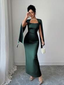 Elenzga Elegant & Refined Pearl Decor Bodycon Waist Dress For Women - Dark Green - View 3