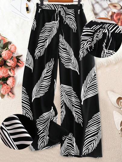 SHEIN PETITE 女士休闲日常度假树叶印花宽松裤