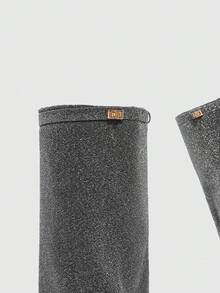 Daringsoles Women's Pointed Toe Shiny Buckle Design Fashion Daily Wear Versatile High Heel Knee-High Boots - Grey - View 4