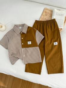 2pcs/Set Young Boy Comfortable Casual Loose Fit Striped Patchwork Shirt And Pants Set, Suitable For Spring/Summer - Brown - View 6