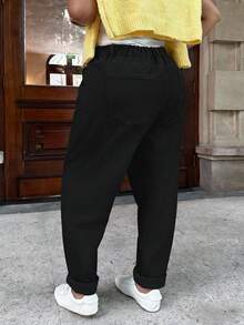 Dripcurv 大码女式休闲日常通勤简约纯色褶皱修身牛仔裤 - 黑色 - 查看 2