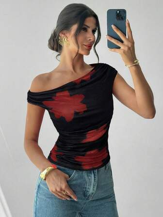 Firerie Women's Asymmetrical Shoulder Tie Dye Print Ruched Asymmetric Neck T-Shirt Blouse, Printed Blouse, Asymmetric Shoulder Top, Suitable For Spring/Summer, Beach, Commute, Elegant, Sexy, Vacation, Bohemian, Hawaii, Music Festival, Romantic, Date