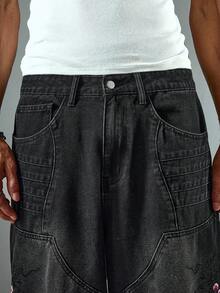 ROMWE MEN Anime Herren Lässig Verwaschen Floral Bestickte Jeans - Schwarz - Übersicht 5