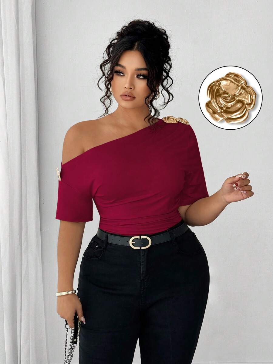 Elenzga Plus Size Women Elegant Personalized Versatile Casual Commute Open Shoulder Top - Burgundy - View 1
