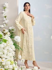 Al Najma 女士优雅亮片刺绣拼接阿拉伯风格连衣裙 - 綠色 - 查看 6