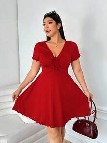 Solflare 大码女式情人节红色V领扭结前襟中长连衣裙 - 紅色 - 查看 6