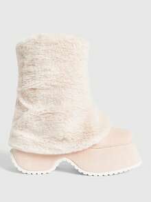 Sugerpunk Women's Thick Sole Fashionable Patchwork Faux Fur Mid-Calf Boots Valentine's Day - Beige - View 2