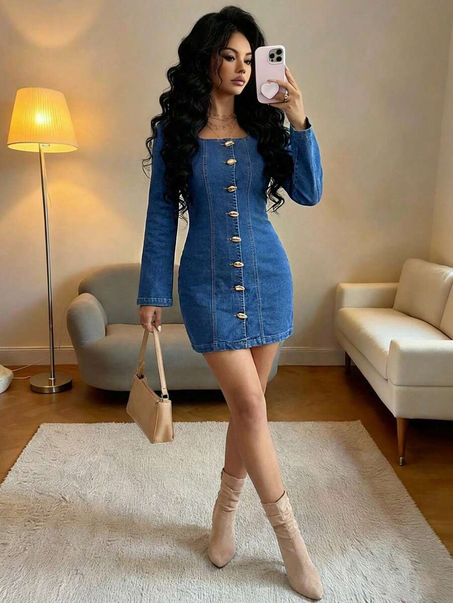 Elenzga Front Button Fitted Long Sleeve Casual Versatile Women Denim Dress - Blue - View 1