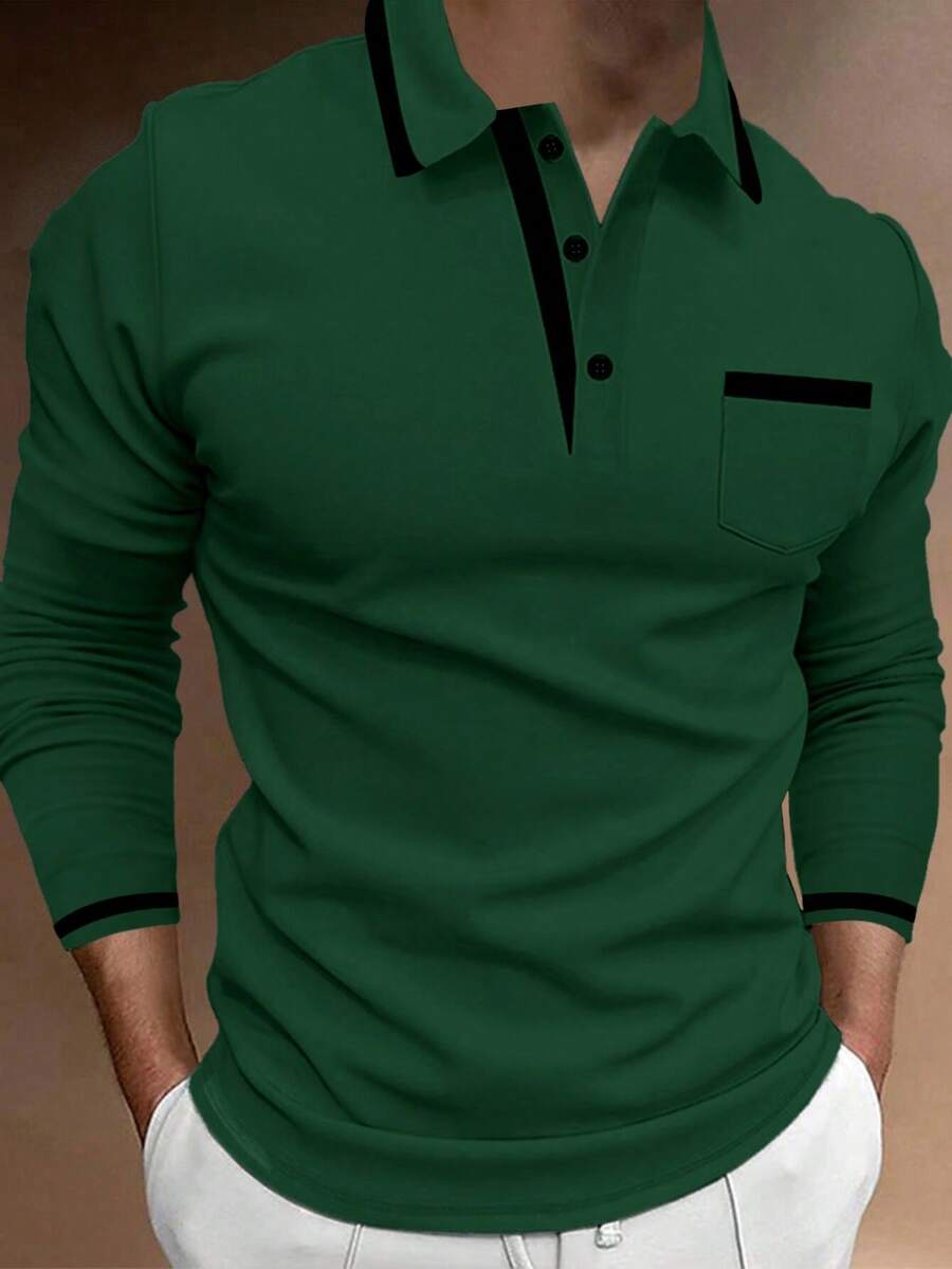Manfinity Homme 男士休闲日常撞色纽扣半开襟长袖 Polo 衫,秋季男士长袖 Polo 衫,男士翻领衬衫,男士绿色衬衫,绿色男士休闲绿色衬衫 - 墨綠色 - 查看 1
