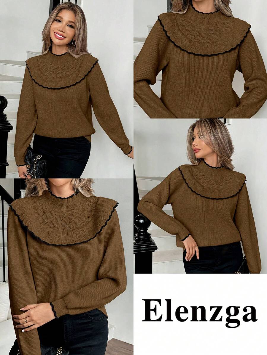 Elenzga Jersey de cuello redondo con volantes y bloques de color para mujer, manga larga, sencillo y para uso diario - Marrón Chocolate - Ver 1