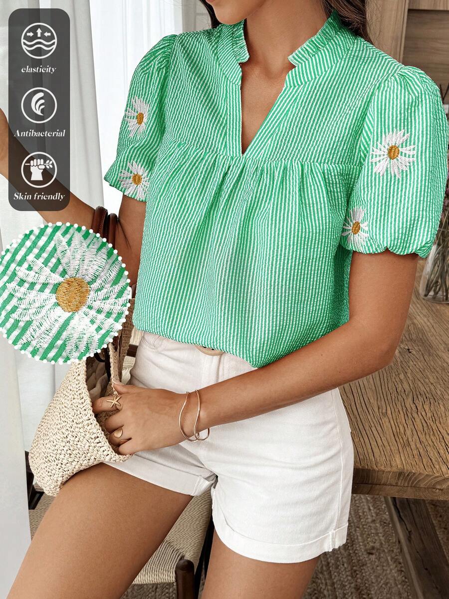 SHEIN Holidaya 女士夏季休闲条纹花卉刺绣泡泡袖衬衫 - 彩色 - 查看 1