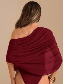 SHEIN BAE Autumn/Winter Solid Brown/Coffee Off Shoulder Ruched Bodysuit, Tight-Fitting Elegant Bodysuit, Draped Top - Burgundy - View 2