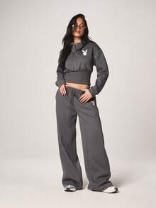 Missguided x Playboy Cropped Charcoal Sweatshirt With Ribbed Hem Logo Print Fall Winter Casual Pullover Long Sleeve Cinched Waist Top - Dark Grey - View 3