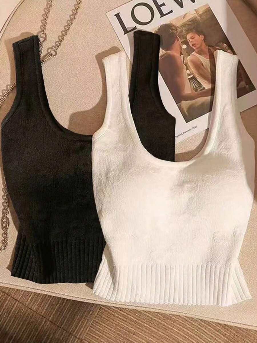 Resyla Women's U-Neck Sleeveless Casual Knit Top - Black and White - View 1