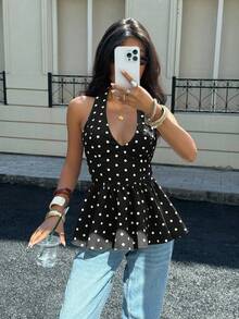 Siren Gaze 女士波点深V领露背吊带荷叶边下摆时尚百搭度假派对上衣，荷叶边上衣，女士波点上衣，夏季上衣 - 黑色 - 查看 4
