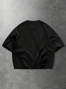ROMWE MEN Essentials 男士休闲撞色拼接印花短袖T恤，运动风 - 黑色 - 查看 2