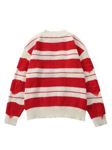 Manfinity Homme Men's Red And White Stripe Christmas Sweater,Autumn Holiday Streetwear Long Sleeve Crew Neck Knitted Pullover,Family Matching Colorblock Knit Jersey - Multicolor - View 2