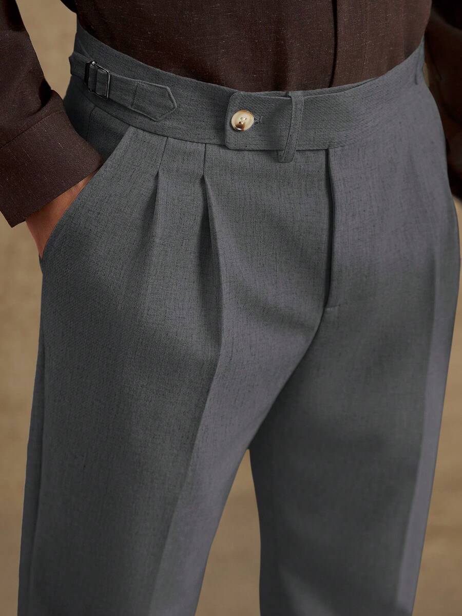 Core Aspect Pantalones de lino de unicolor para hombre con doble pliegue y presillas para cinturón, pantalones rectos de pierna casual de negocios y cortos - Gris - Ver 1
