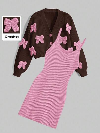 Kawaii Set da 2 pezzi composto da cardigan con decorazione a fiocco e vestito a maglia con canottiera