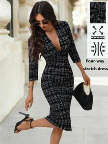 Editum Đầm midi bodycon cổ chữ V in họa tiết giả thắt eo thanh lịch mới dành cho nữ, phù hợp để đi làm, đi chơi và nhiều dịp khác nhau - Đen và trắng - Xem 3